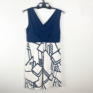 ANTHROPOLOGIE HD in Paris Ardmore White & Navy Blue  V-Neck Dress Size 10
